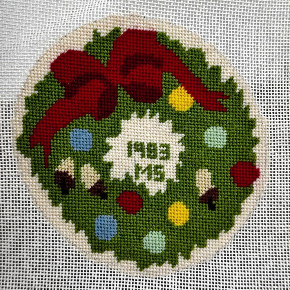 Vintage Completed Cross Stitch Christmas Wreath Dated 1983 7" Square